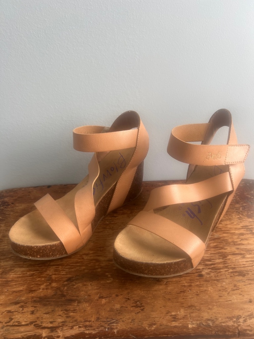 Blowfish Malibu Hapuku Nude Dyecut Strappy Cork Boho Wedge Sandals 8.5